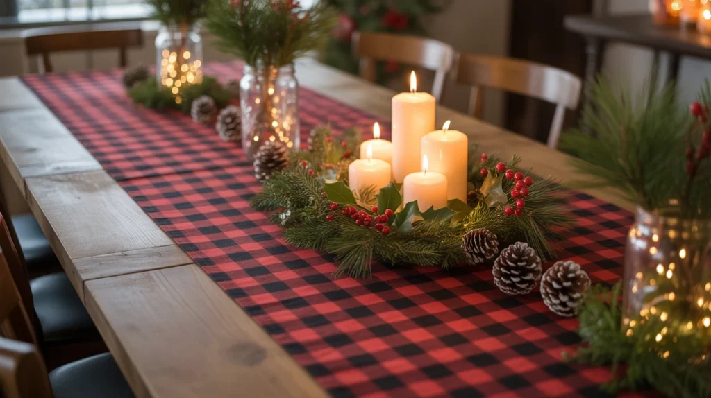 Farmhouse table with a buffalo plaid tablecloth and Christmas centerpiece featuring greenery