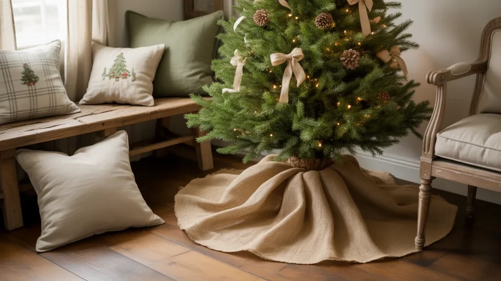 Burlap and linen textures adding natural rustic charm to a farmhouse-style Christmas bedroom