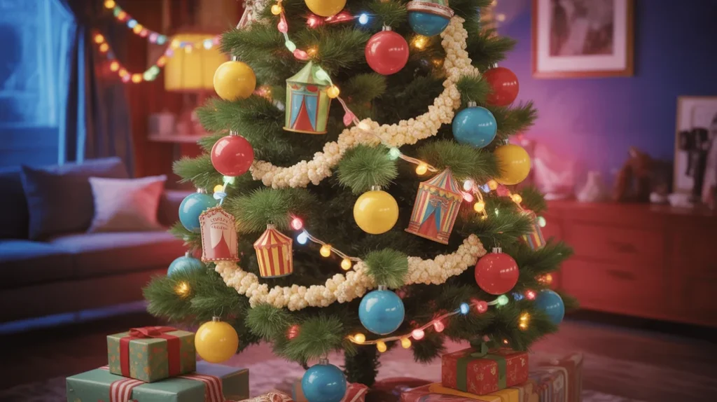 Carnival Whimsy Christmas Tree with bold ornaments, popcorn garlands, and bright colors