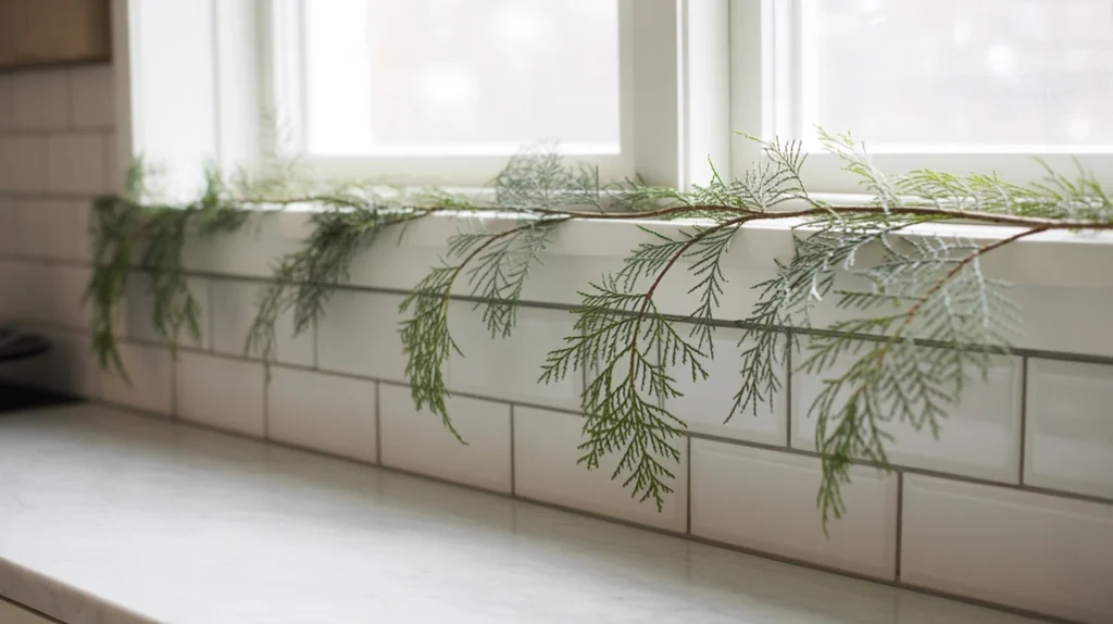 Thin cedar garland styled along a kitchen backsplash for minimal Christmas greenery