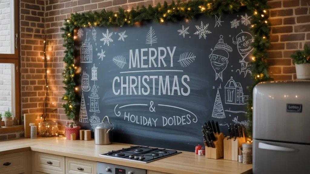 Chalkboard wall in a kitchen with Merry Christmas quotes and doodles for creative holiday wall decor.