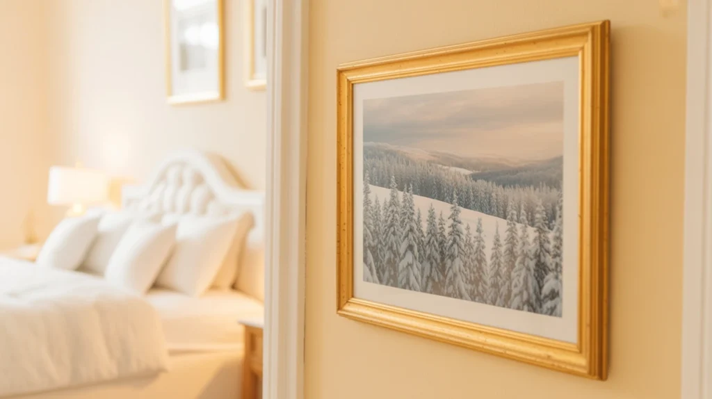 Winter landscape and pine tree artwork framed in gold enhancing Christmas bedroom walls