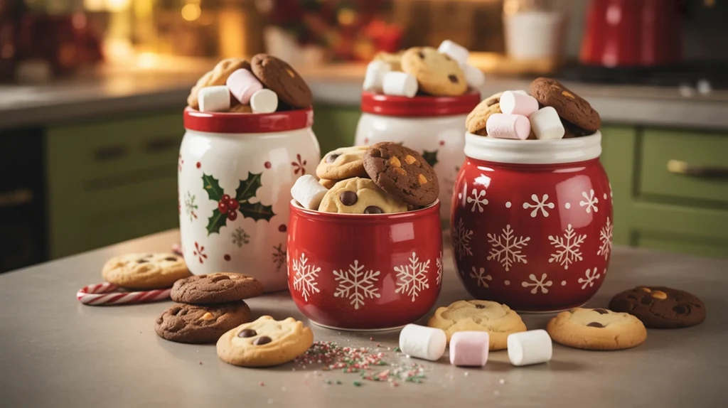 Christmas treat jars filled with cookies and candy on a small kitchen counter