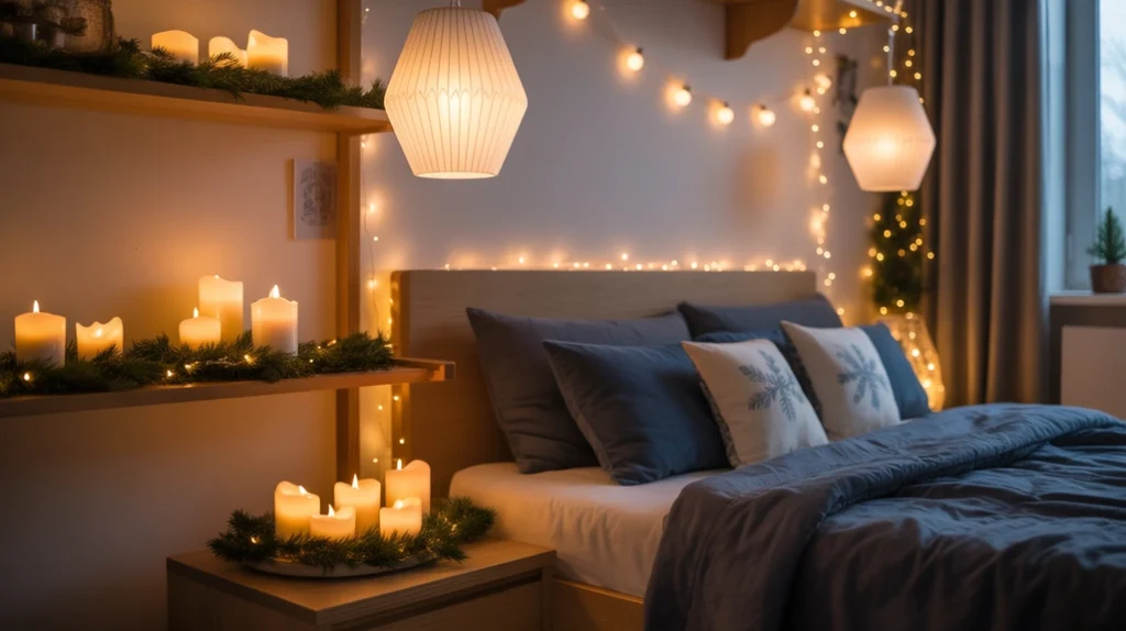Pine and cedar-scented diffusers adding seasonal fragrance and warmth to a cozy boys Christmas bedroom