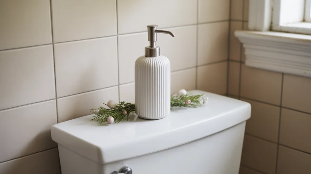 christmas themed soap dispenser placed on toilet tank for coordinated holiday decor