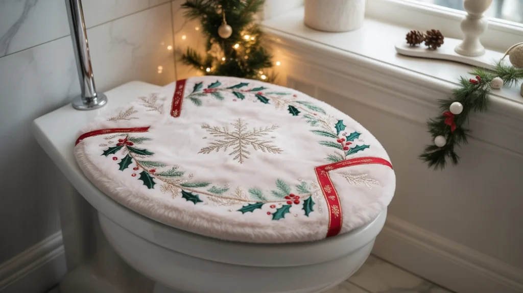 Festive Christmas toilet seat cover adding a playful seasonal detail to the bathroom