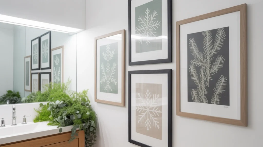 christmas wall art with winter scenes and holiday quotes used in classic bathroom decor
