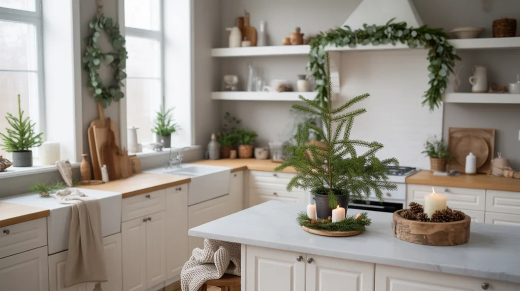 Scandinavian minimalist Christmas kitchen with cohesive neutral palette, greenery, and wooden details