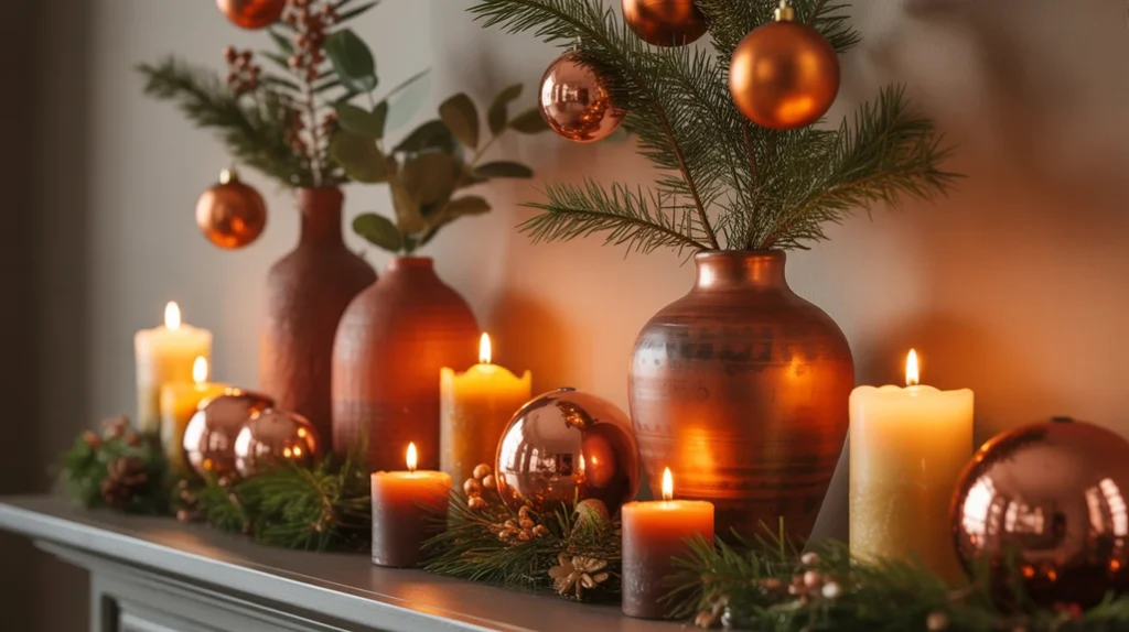 Woodland-inspired Christmas fireplace with rustic natural charm