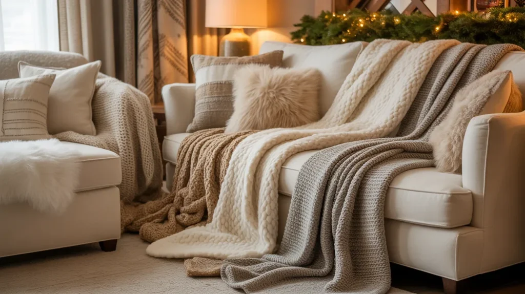 Cozy throws and blankets draped across sofa for inviting Christmas living room setup