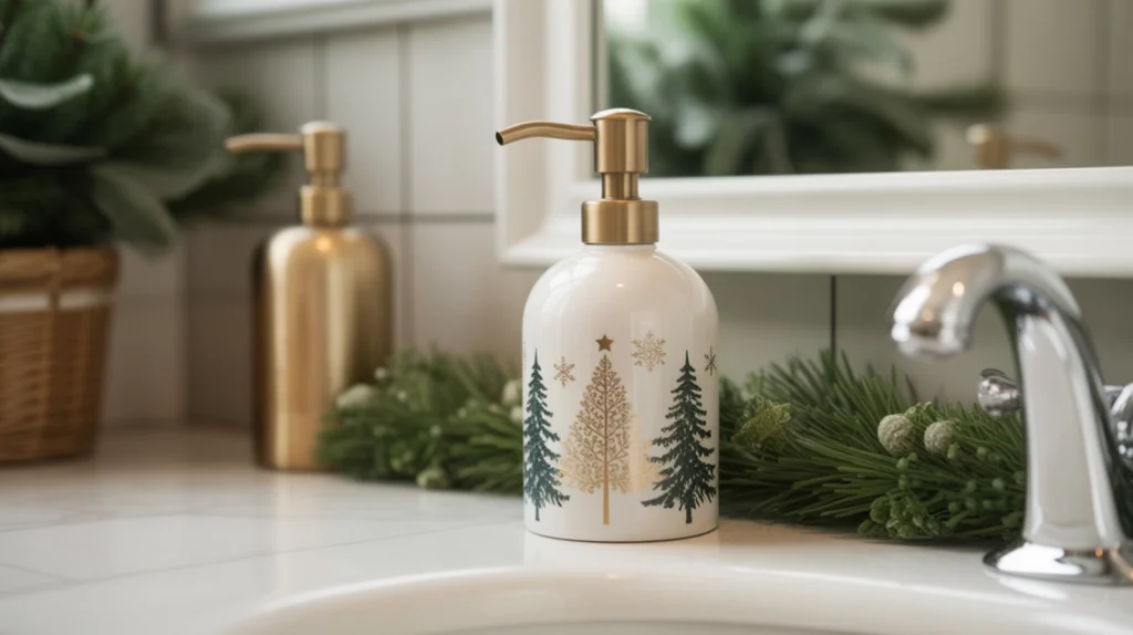holiday-themed soap dispenser with gold pump adding festive glam to bathroom decor