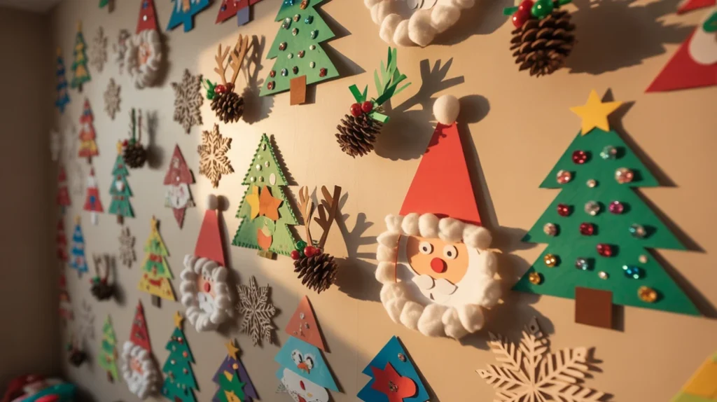 DIY Christmas crafts and handmade paper snowflakes displayed in children’s room