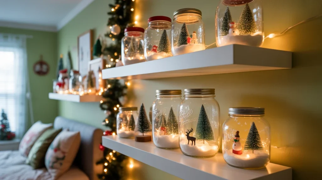 DIY snow globes with glitter and mini trees used as handmade Christmas decor in a teen bedroom
