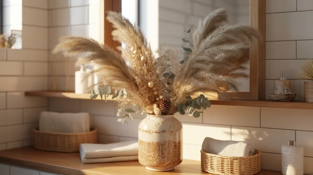 dried pampas grass styled in a ceramic vase for soft boho christmas bathroom texture