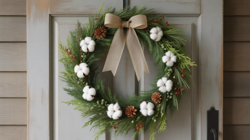 “Farmhouse Christmas wreath made with natural textures for a cozy country entryway”