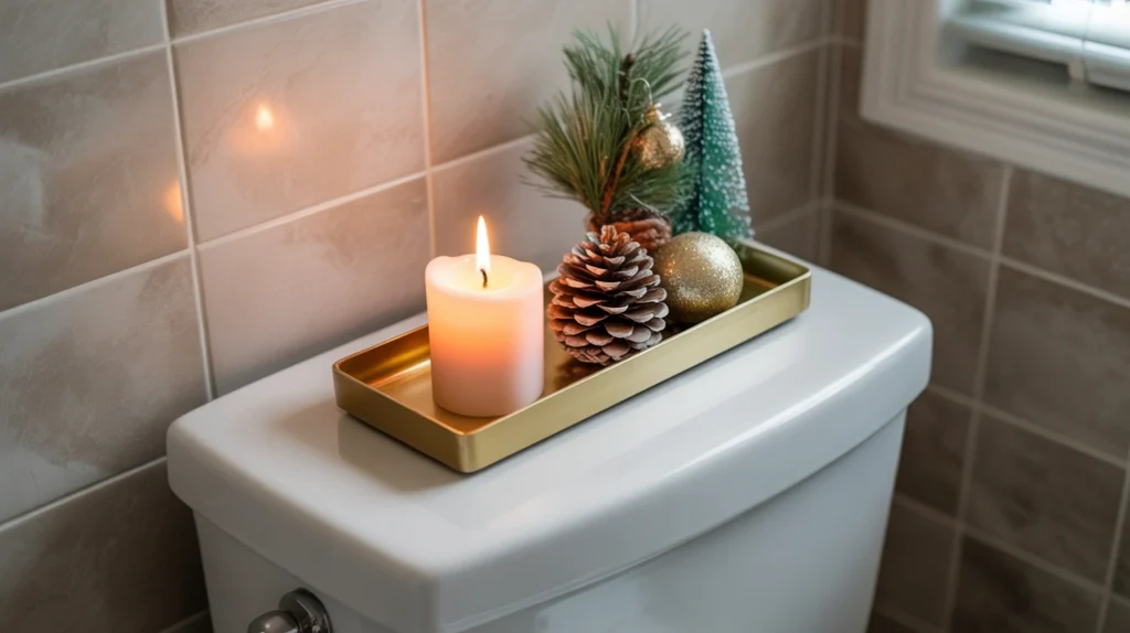 Festive toilet tank tray holding a tiny candle and pine cone for a neat holiday display.