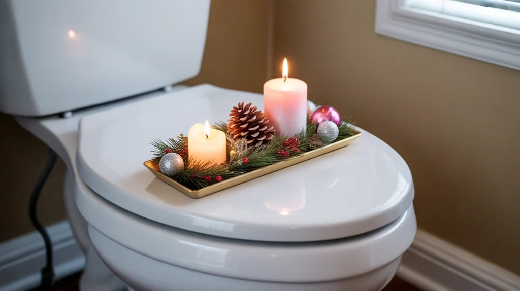 toilet tank tray decorated with a pine cone and candle for a festive touch