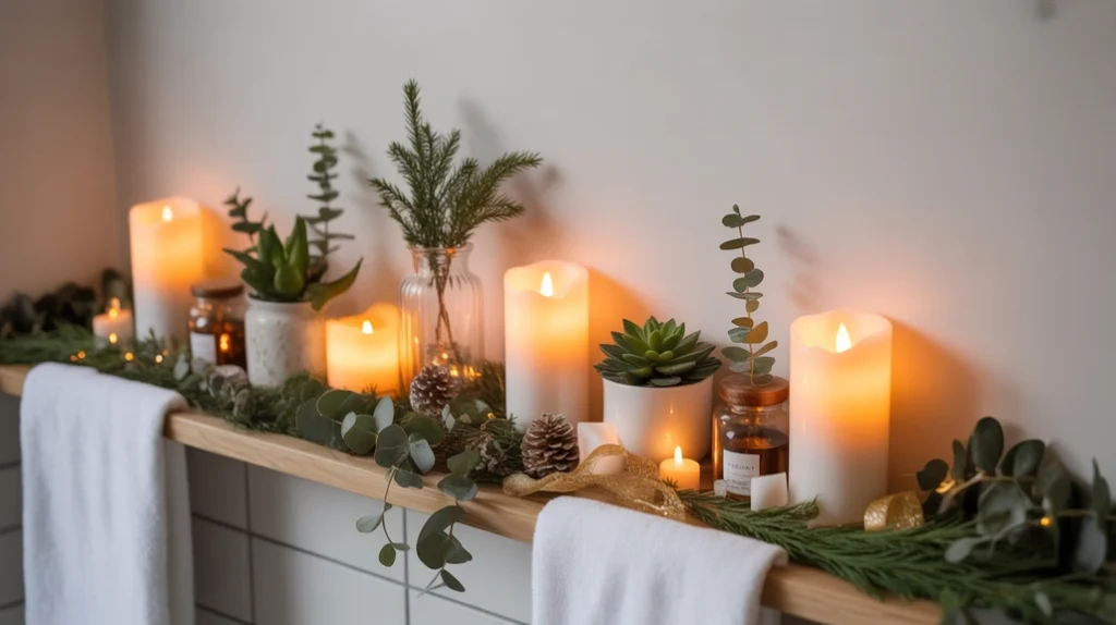 flameless LED candles on bathroom shelf with greenery for a cozy Christmas glow
