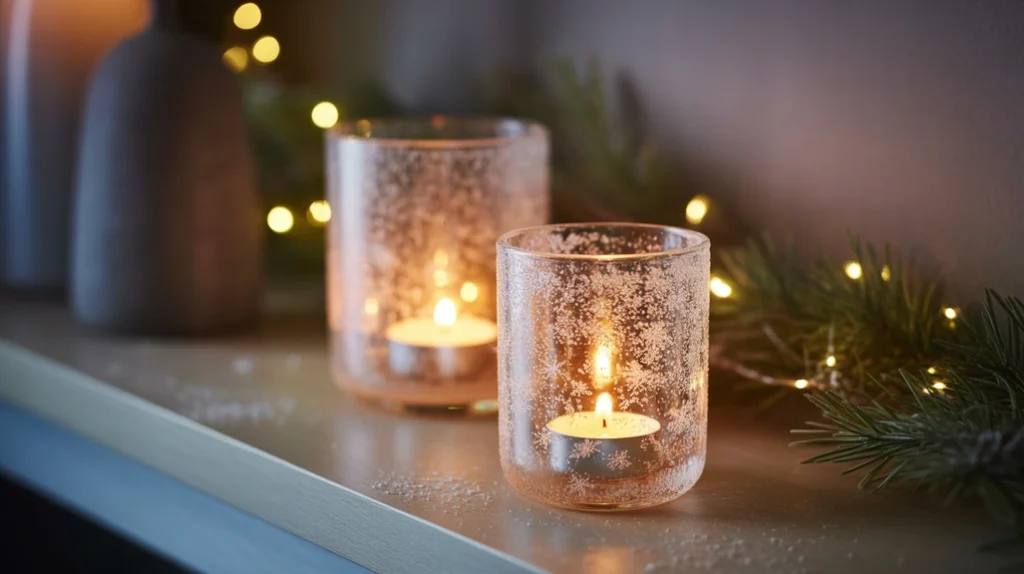 Frosted glass candle holders with snow texture glowing warmly on mantel for cozy winter Christmas decor.