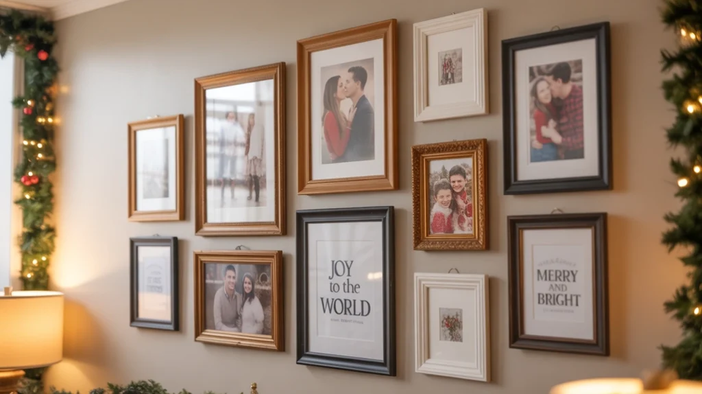 Gallery wall with couple photos and Christmas art creating sentimental decor
