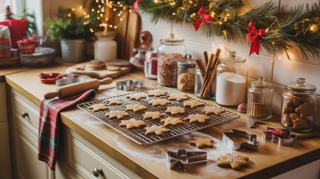 Gingerbread cookies and candy canes decorating festive kitchen counter