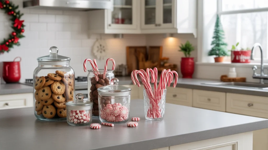 Glass jars of cookies, candy canes, and peppermint candies arranged on island for sweet holiday kitchen decor
