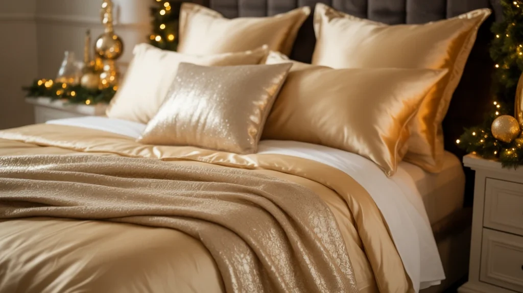 Gold and champagne bedding tones bringing soft festive glow to Christmas bedroom