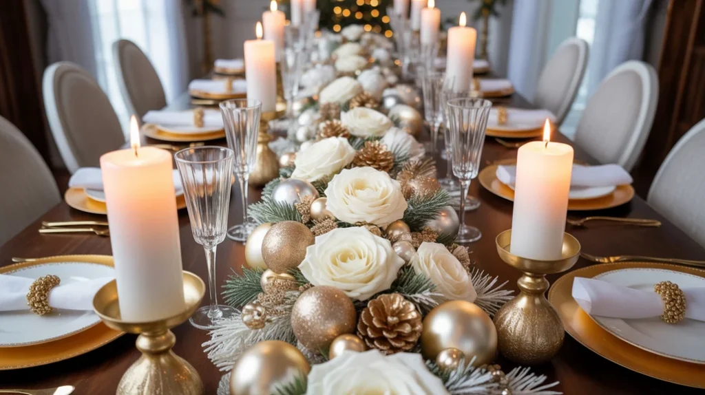 Gold and white Christmas garland centerpiece with ornaments and candles for holiday table décor