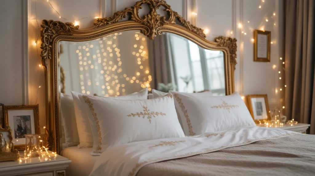 Gold-framed mirror reflecting Christmas lights and elegant white bedding for festive charm.