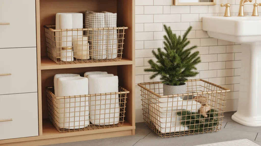 gold wire bathroom storage baskets holding towels and festive holiday accessories