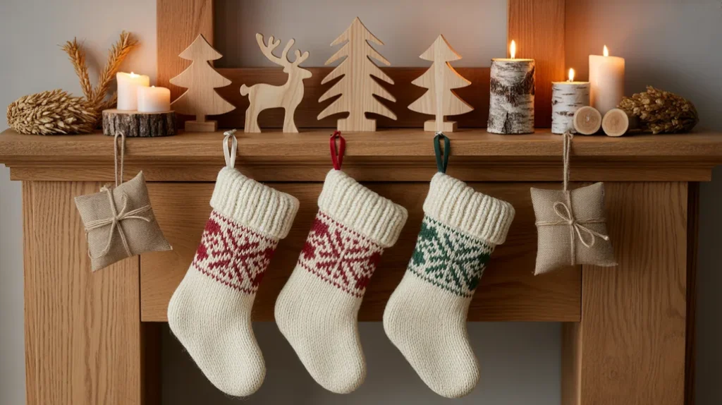 Wooden ornaments and handmade Christmas decor adding cozy hygge feel to Scandinavian bedroom