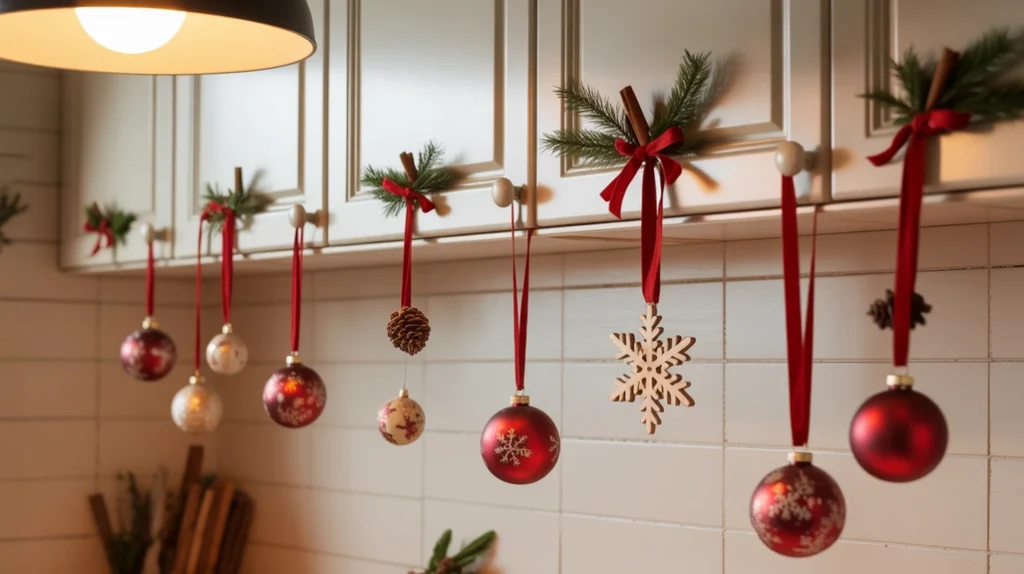 Ornaments hanging from kitchen cabinet knobs using ribbon for low-cost Christmas decoration