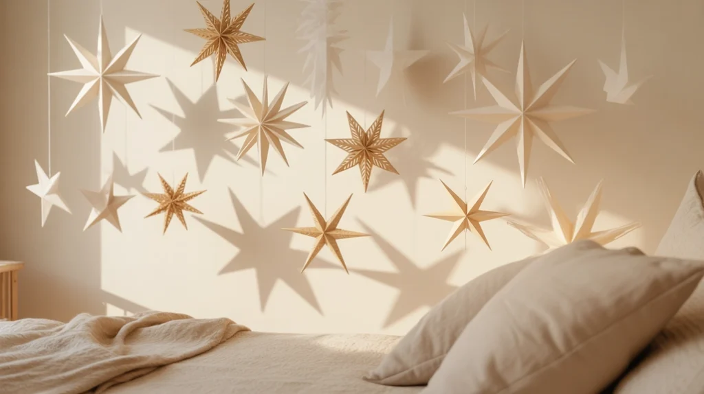 Hanging paper stars and snowflakes against soft neutral bedroom wall for minimalist Christmas decoration.