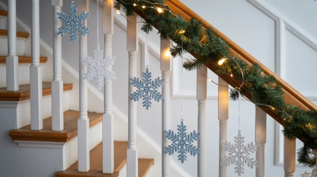 Hanging snowflake ornaments from staircase railing for winter-inspired holiday decor”