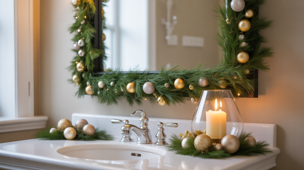bathroom mirror with matching sink decor including candle, greenery, and mini ornaments