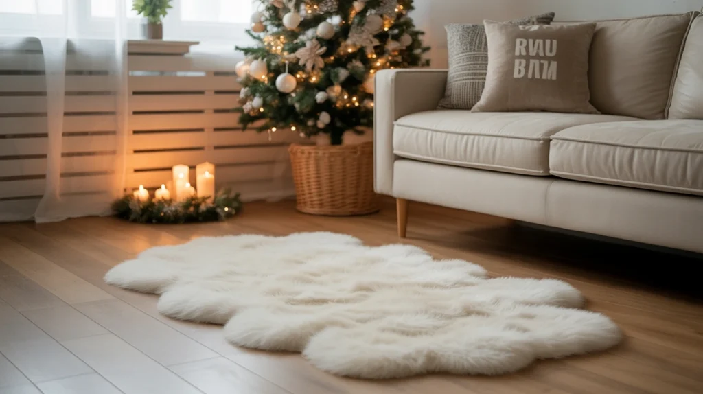 Alt: Soft faux-fur throw rug and cozy seating area in a small apartment decorated for Christmas.