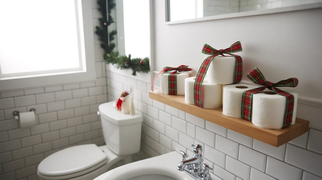 “spare toilet paper wrapped with a simple holiday ribbon in a clean bathroom”