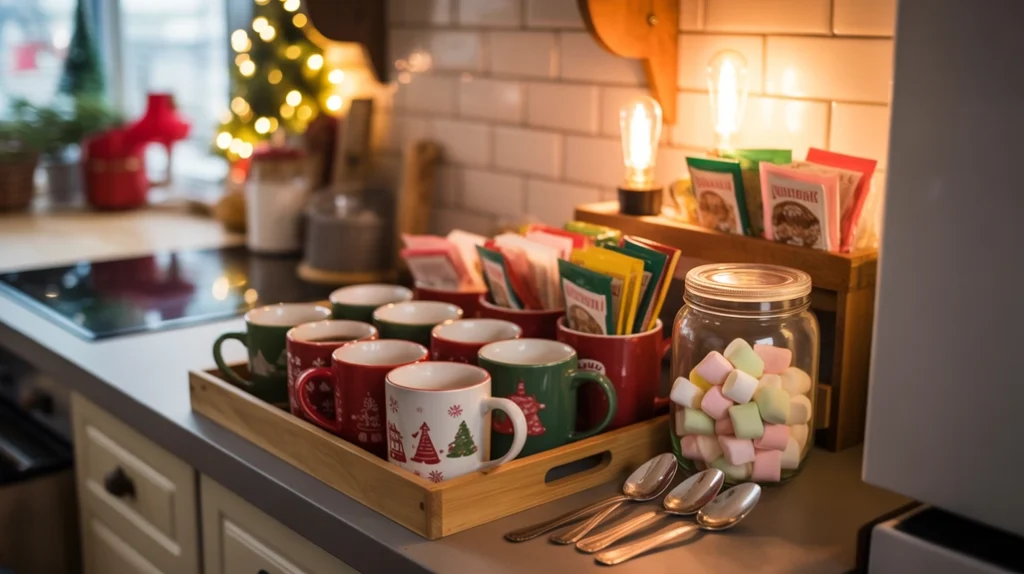 Small hot cocoa station with candy canes, cocoa packets, and Christmas mugs in limited kitchen space
