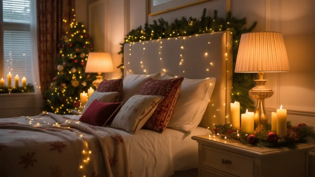 Fairy lights, table lamps, and candles adding layered lighting in a traditional Christmas bedroom