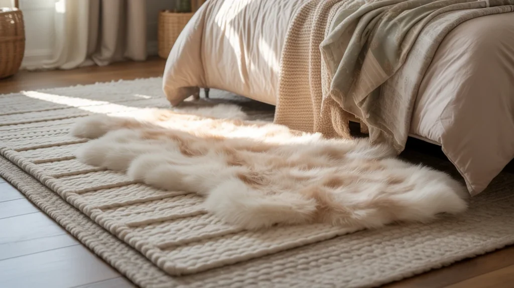 cozy layered rugs beside bed adding warmth and texture to festive christmas bedroom