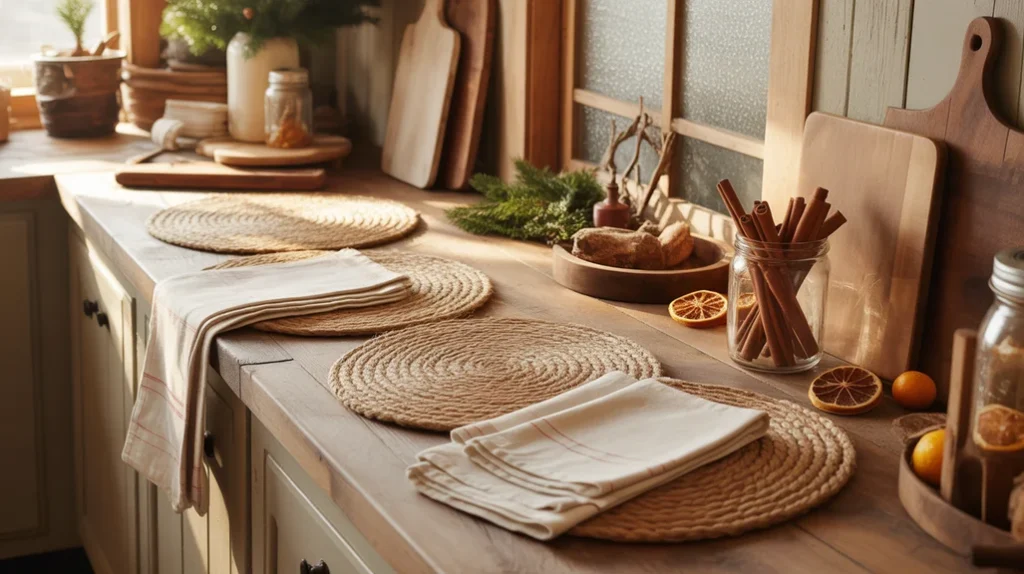 layered jute mats, wood counters, and cotton towels for textured rustic christmas kitchen decor