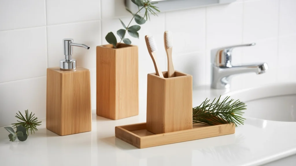 light wooden bathroom accessories with soft christmas greenery for scandinavian winter style