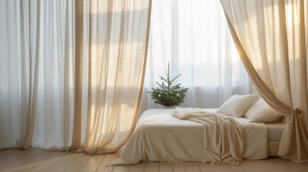 Sheer white linen curtains adding light and airy texture to minimalist holiday bedroom decor