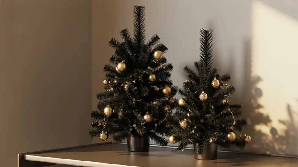 Mini black and gold tabletop Christmas trees with gold ornaments and lights.