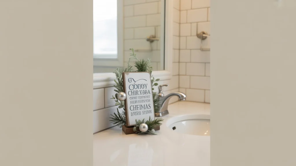 small christmas sign placed beside bathroom sink with greenery accents