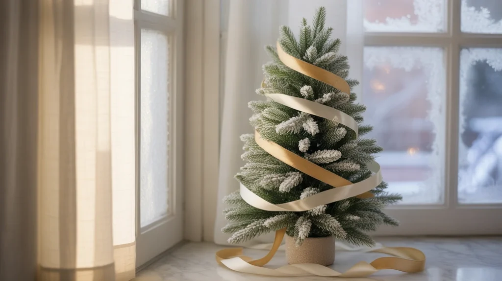 mini christmas tree wrapped with thin ribbon garland on kitchen counter corner for soft elegant decor