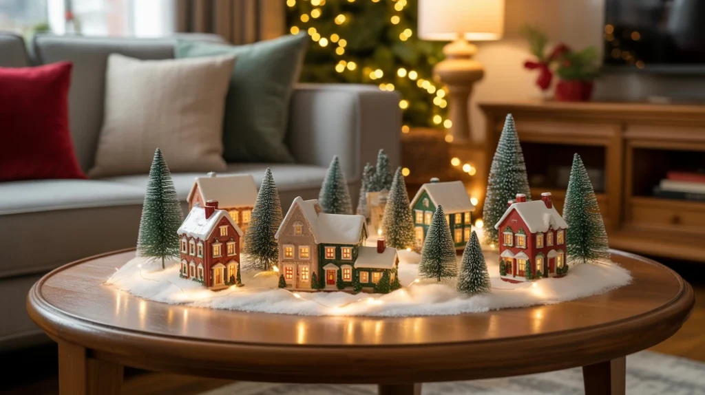“mini Christmas village display with houses, snow, and trees on festive coffee table”
