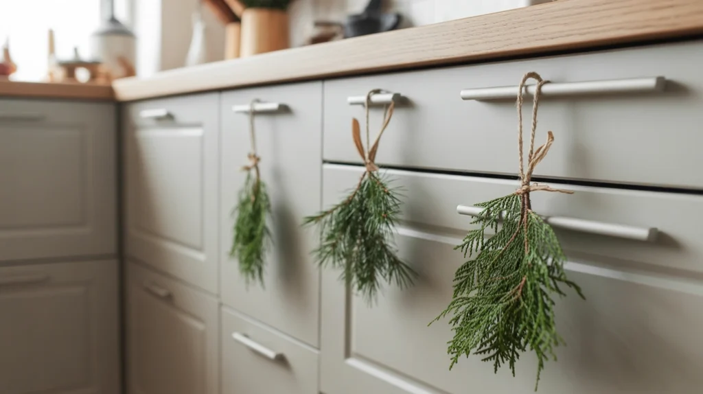 Small pine swags tied with jute twine hanging from kitchen cabinet handles for minimalist Christmas decor