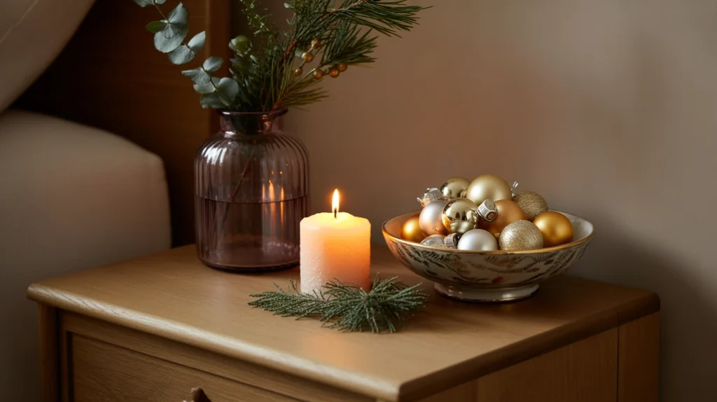 Minimal nightstand decor with candle and greenery for simple modern holiday style