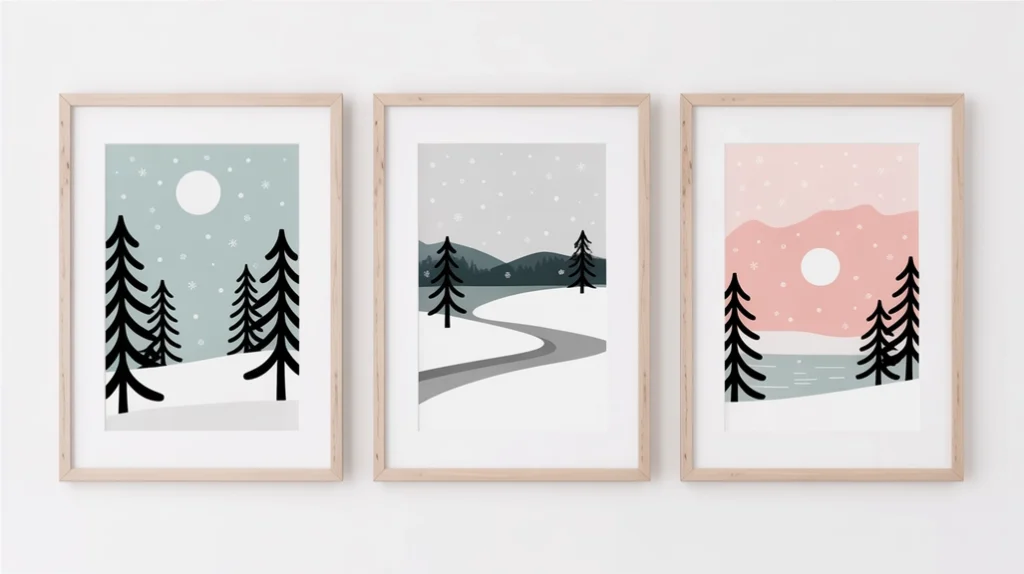 “Minimal Nordic wall art displayed in a Scandinavian-style Christmas entryway”